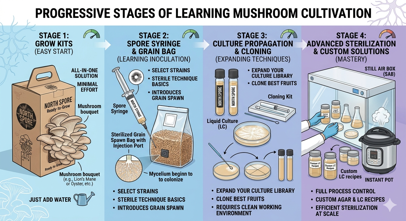 Infographic showing four progressive stages of learning mushroom cultivation from beginner grow kits to advanced sterilization and custom solutions